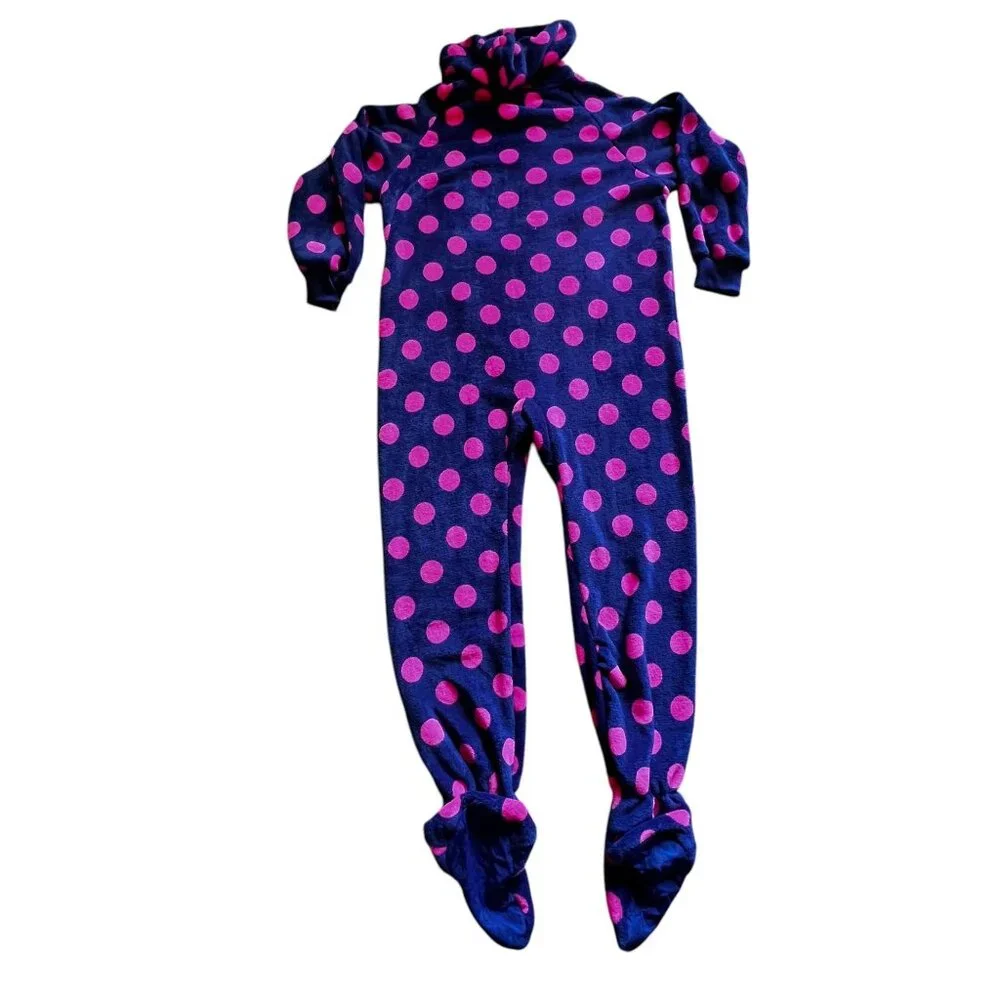 Footed Pajamas Hooded Purple Pink Polka Dot Fleece Zipper Closure Pocket Warm - Picture 6 of 16
